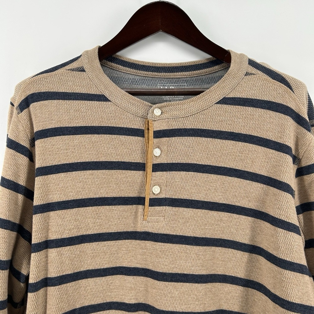 LL Bean Henley Shirt Mens L Tan Stripe Honeycomb Waffle Knit Slightly Fitted